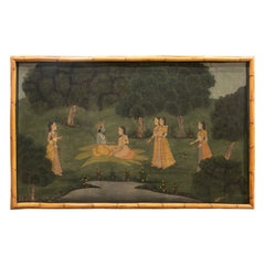Oil Painting on Canvas with a Costumbrist Scene Framed in Bamboo
