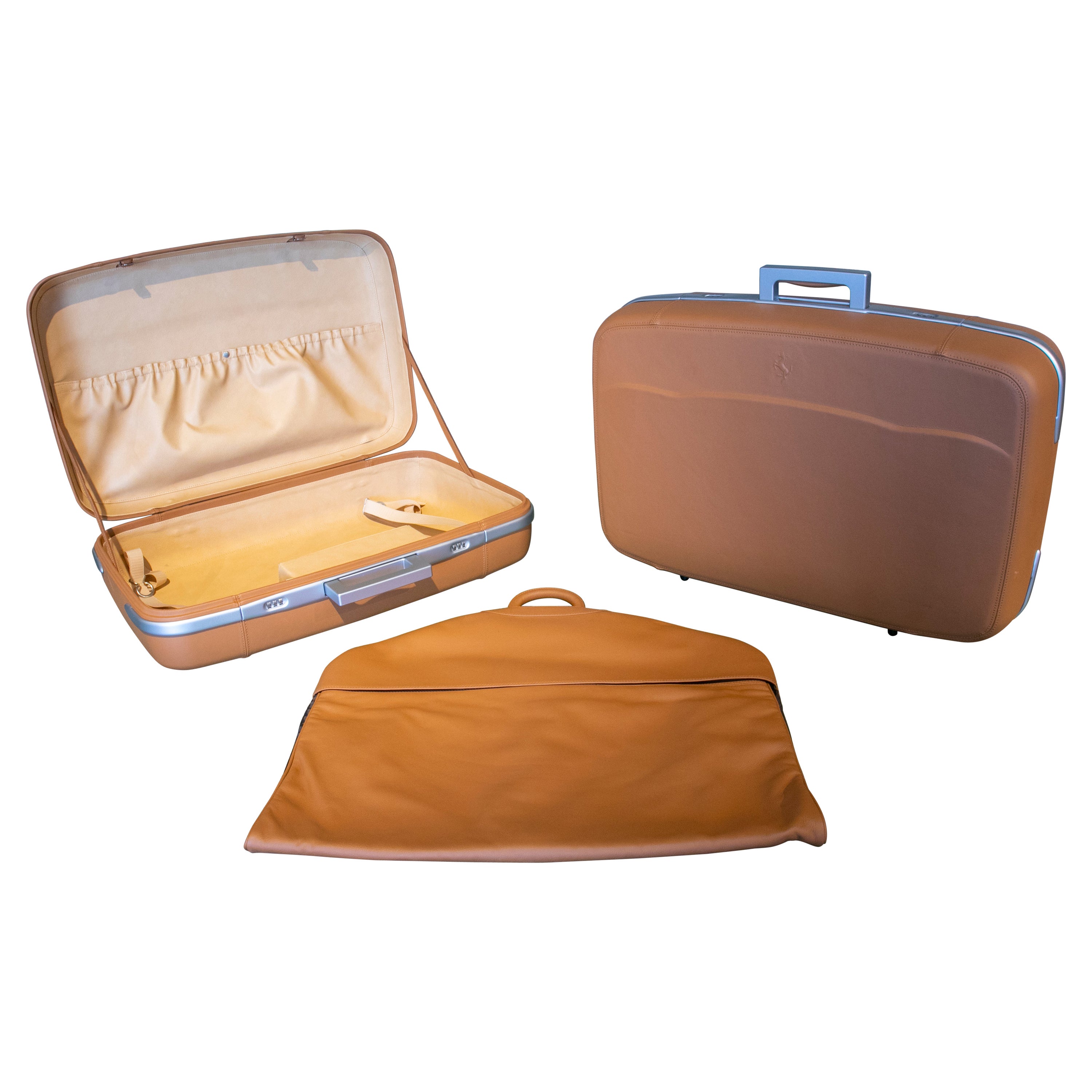 Ferrari Suitcase Set Manufactured by Schedoni in Tan Leather and Aluminium For Sale