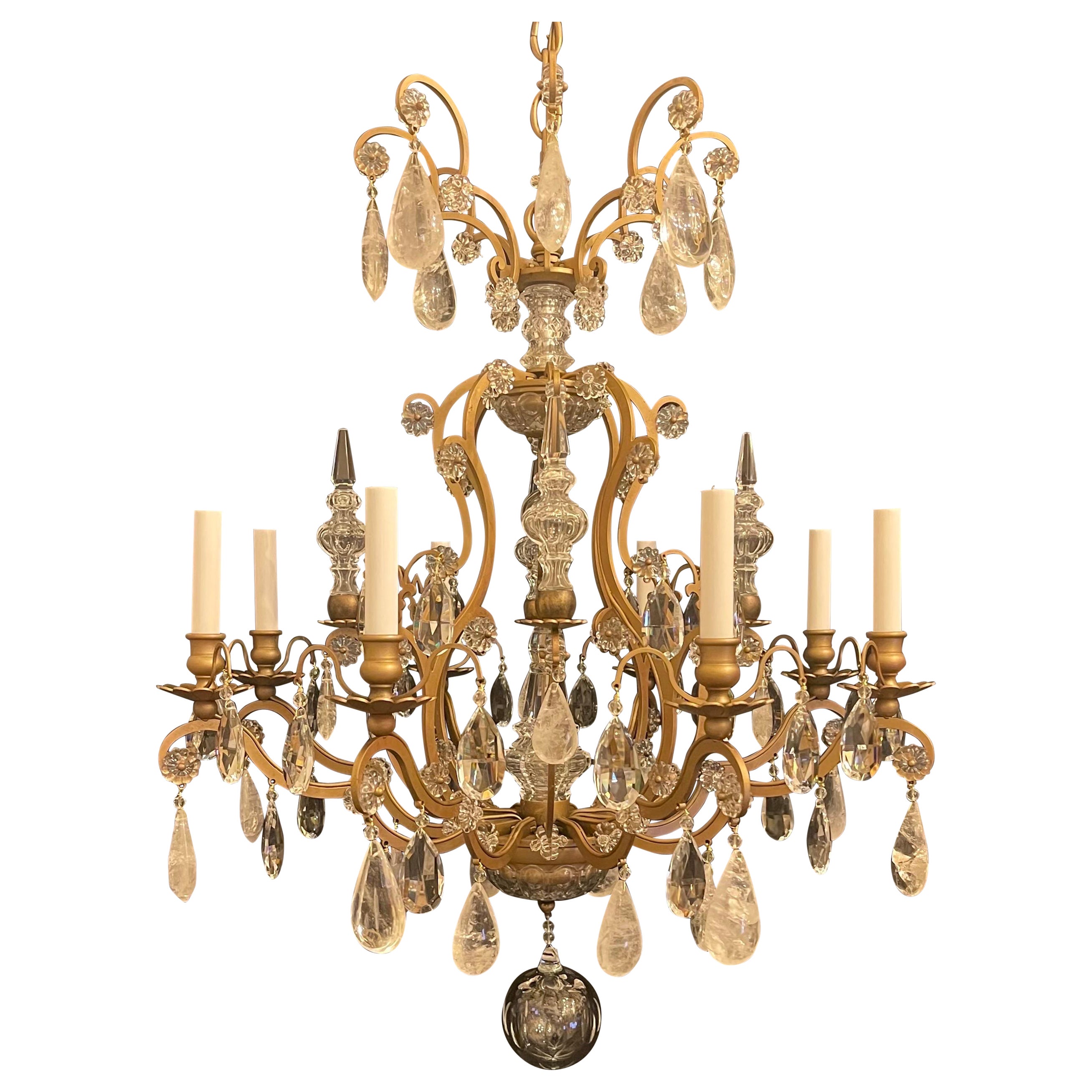 Magnificent Large French Gold Gilt Rock Crystal Louis XVI 8 Light Chandelier