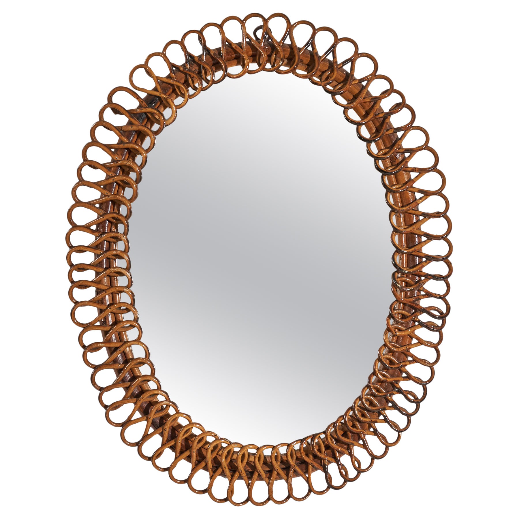 Italian Designer, Oval Wall Mirror, Rattan, Mirror Glass, Italy, c. 1950s