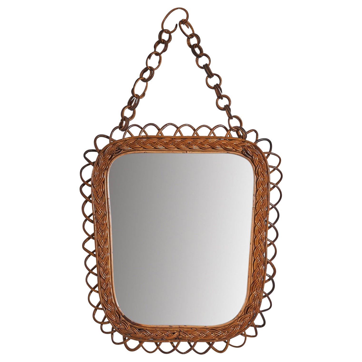 Italian Designer, Wall Mirror, Rattan, Mirror Glass, Italy, c. 1950s