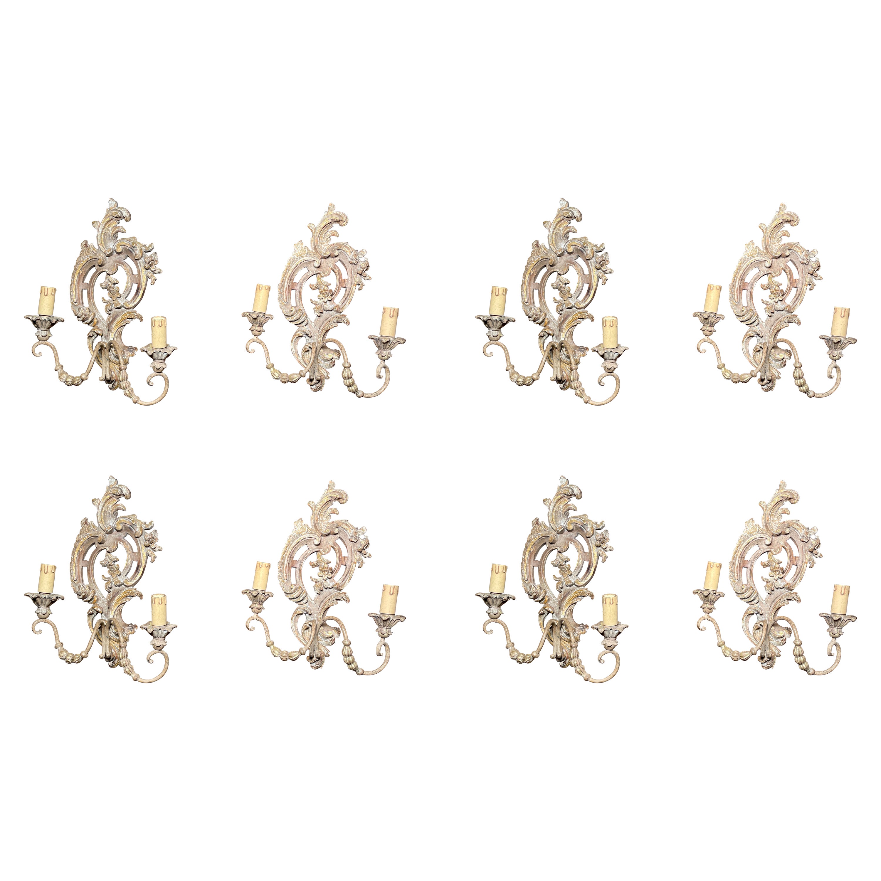 Set Of 8 Antique French Baroque Carved Wood Wall Sconces, Circa 1900.