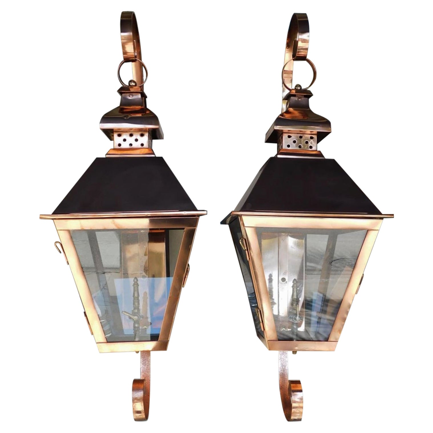 Pair of American Copper Gas Wall Lanterns with Flanking Scrolled Brackets 20th C