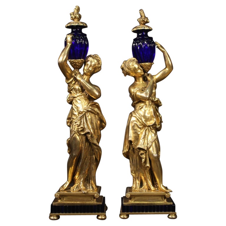 Pair of 20th Century Gold Metal and Blue Glass Italian Women Sculpture