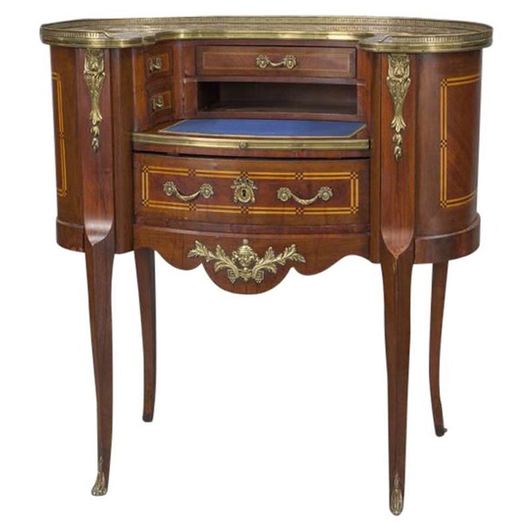 Early 20th C. French Louis XV Carved Mahogany and Marble-Top Lady Table Desk For Sale