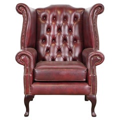Vintage English Tufted Oxblood Leather Chesterfield Wingback Lounge Chair