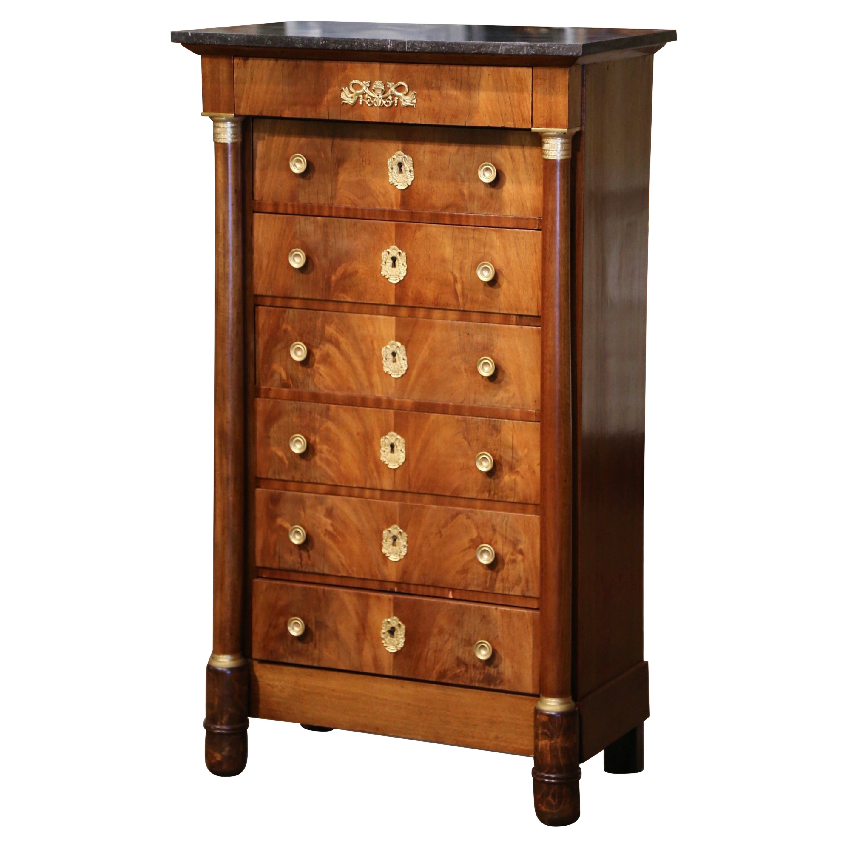 19th Century French Empire Marble Top Mahogany Semainier Chest of Drawers