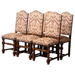 Set of Six Mid-Century French Louis XIII Carved Walnut Turned Legs Side Chairs