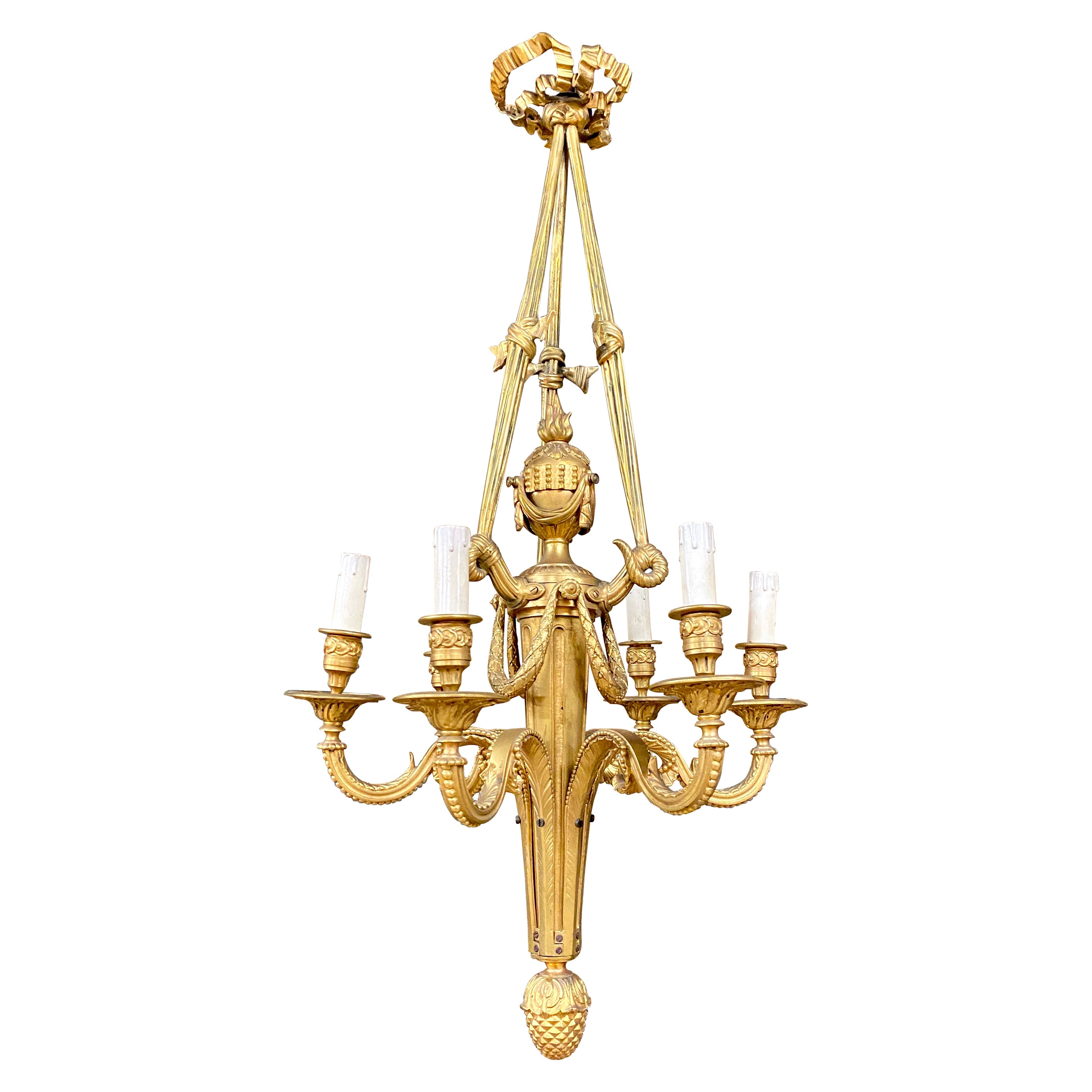 Louis XVI Style Gilt Bronze Chandelier With Six Arms Of Light. Period Late 19th 