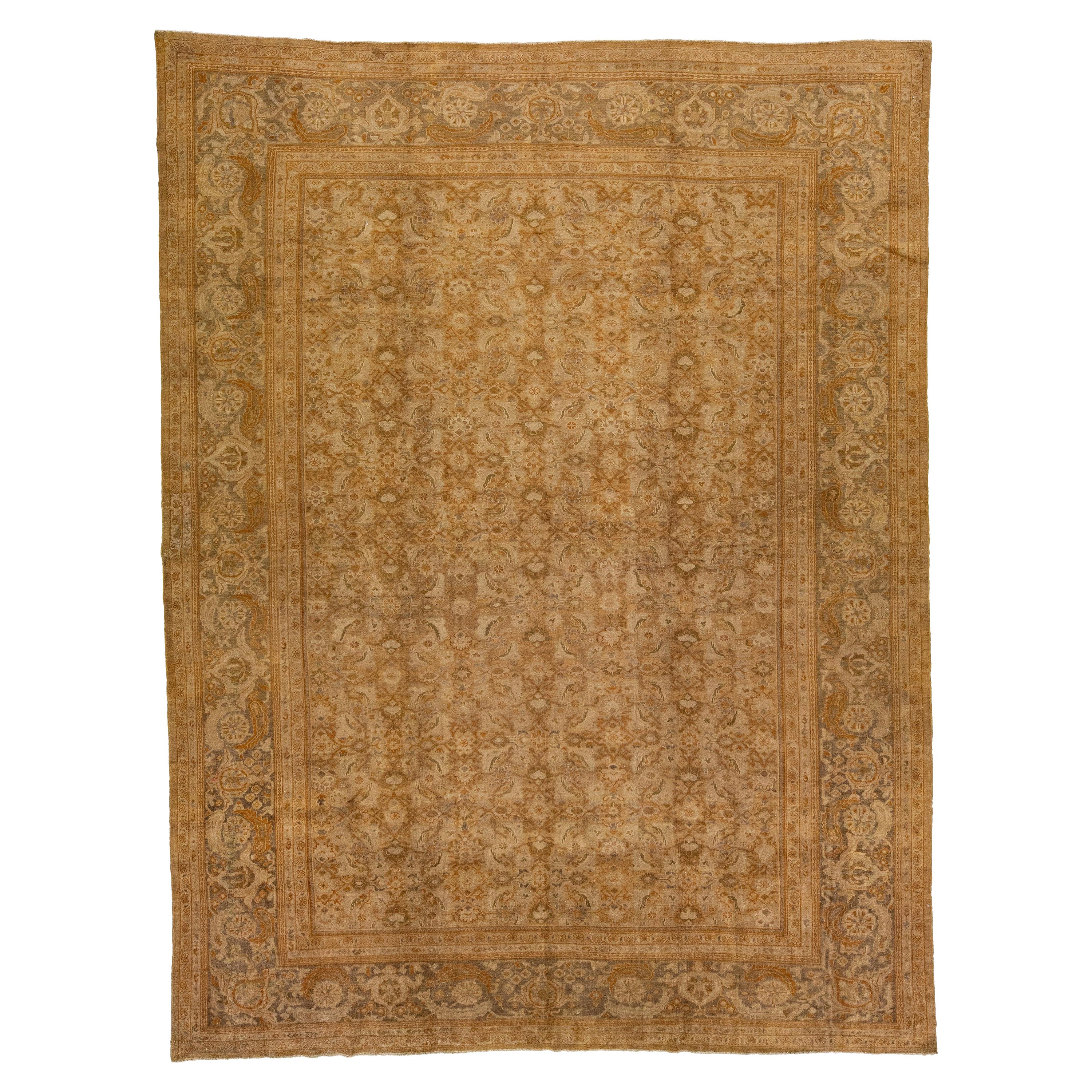 Antique Sultanabad Handmade Tan Wool Rug with Allover Floral Design For Sale