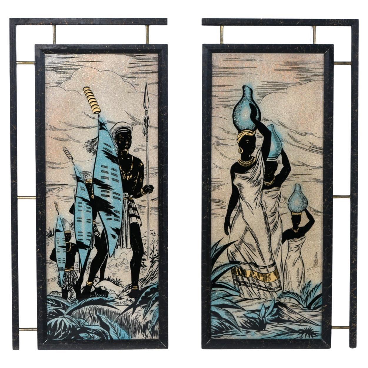 Panneaux de verre peints représentant des guerriers africains et des femmes du milieu du siècle dernier