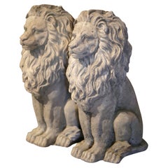 Pair of French Carved Weathered Stone Lions Sculptures Garden Statuary