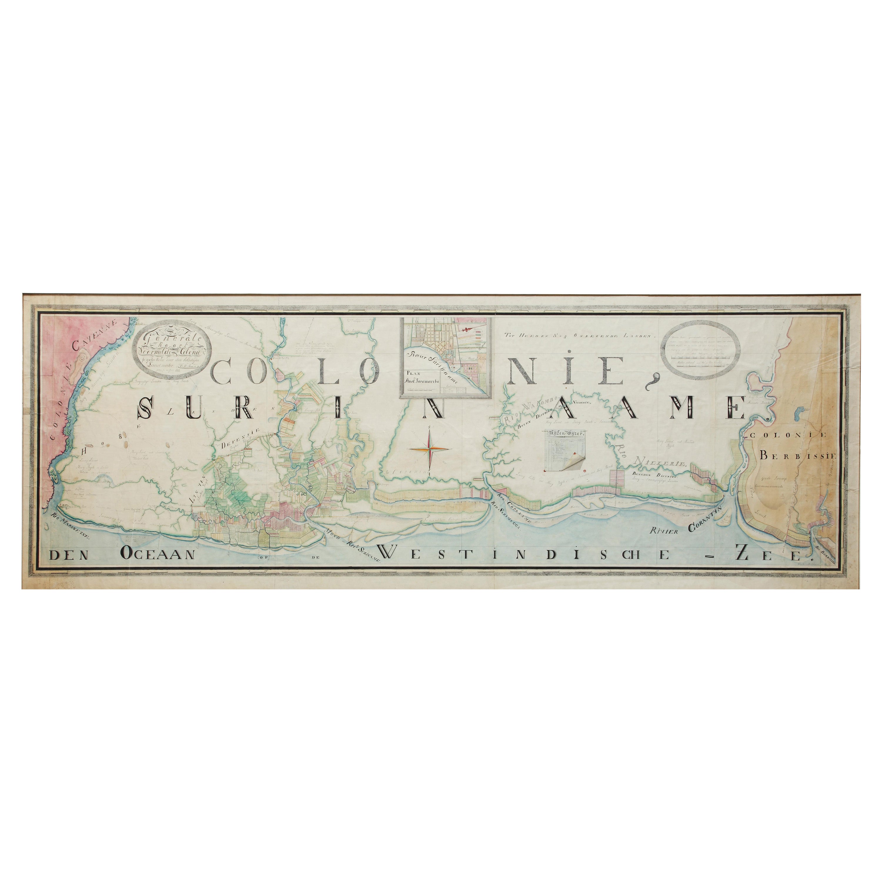 Carte manuscrite extrêmement grande du Surinam, dessinée à la main, 1830, Histoire de l'esclavage