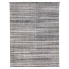 Modern Apadana's Groove Handmade Gray Bamboo/Silk Rug with Stripe Motif