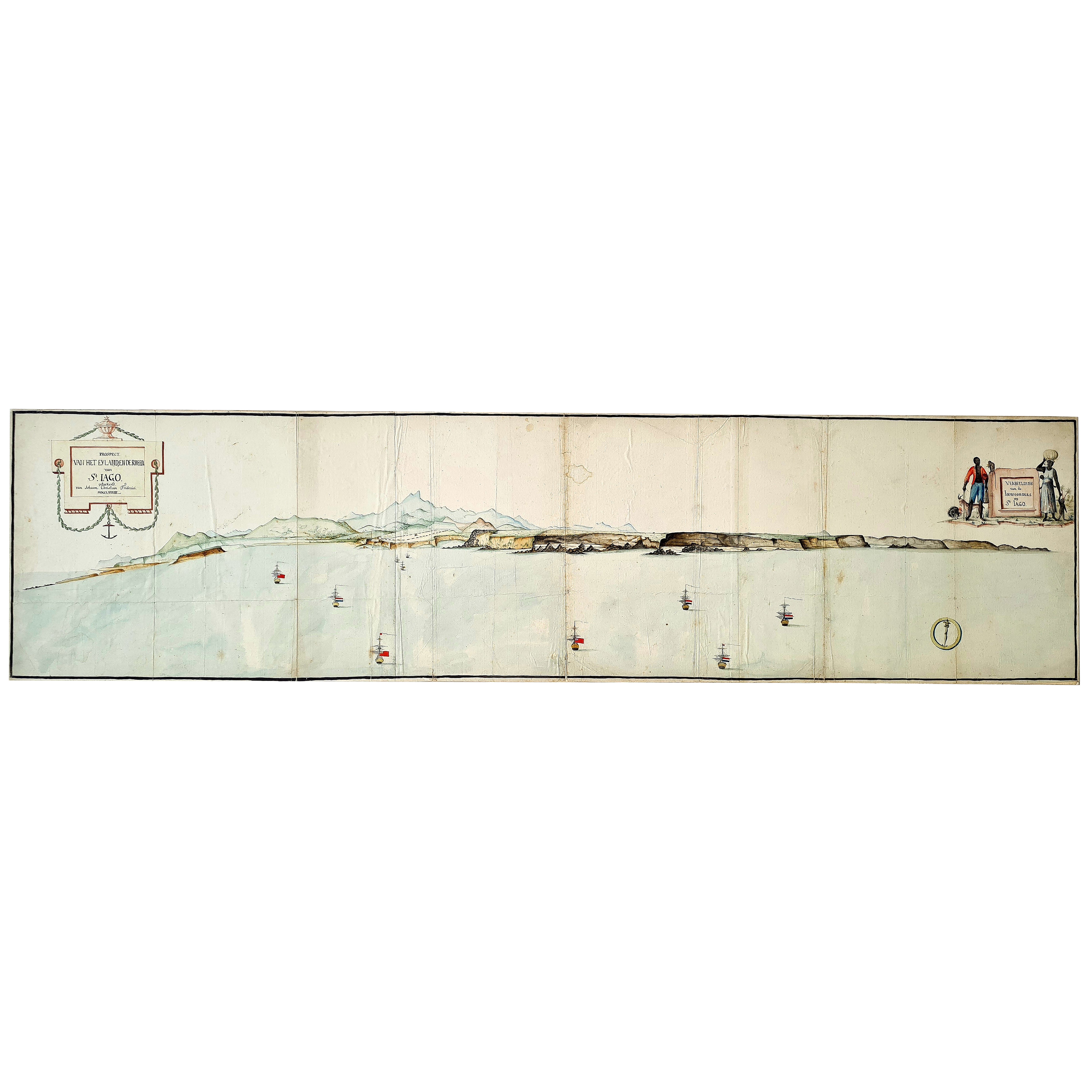 Très grande vue dessinée à la main de St Iago Cape Verde, par Frederici, 1783 en vente