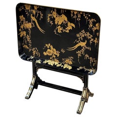 Vintage English Black Lacquered and Gold Hand Painted Table