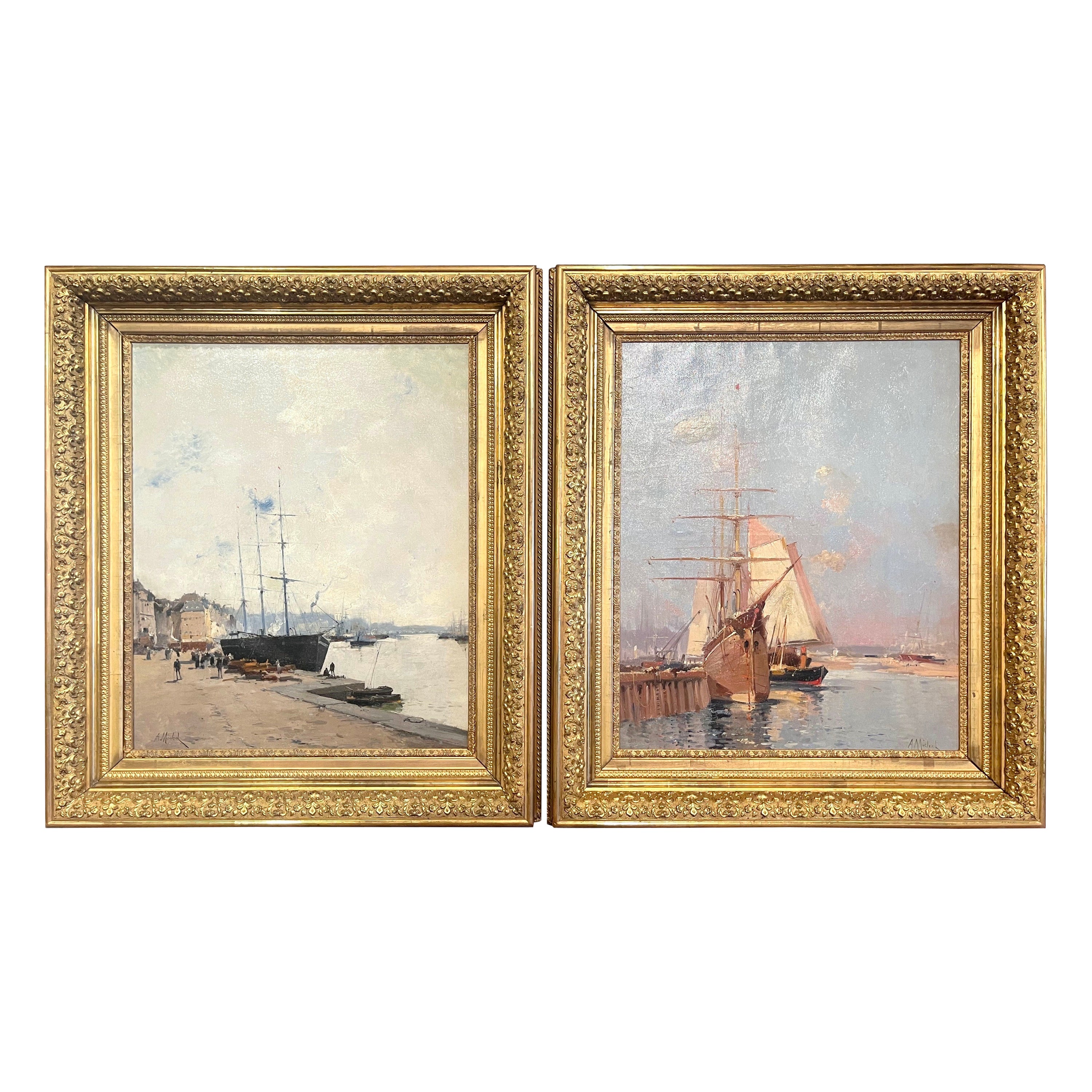 Pair of 19th Century Ship Oil Paintings Signed A. Michel for E. Galien-Laloue
