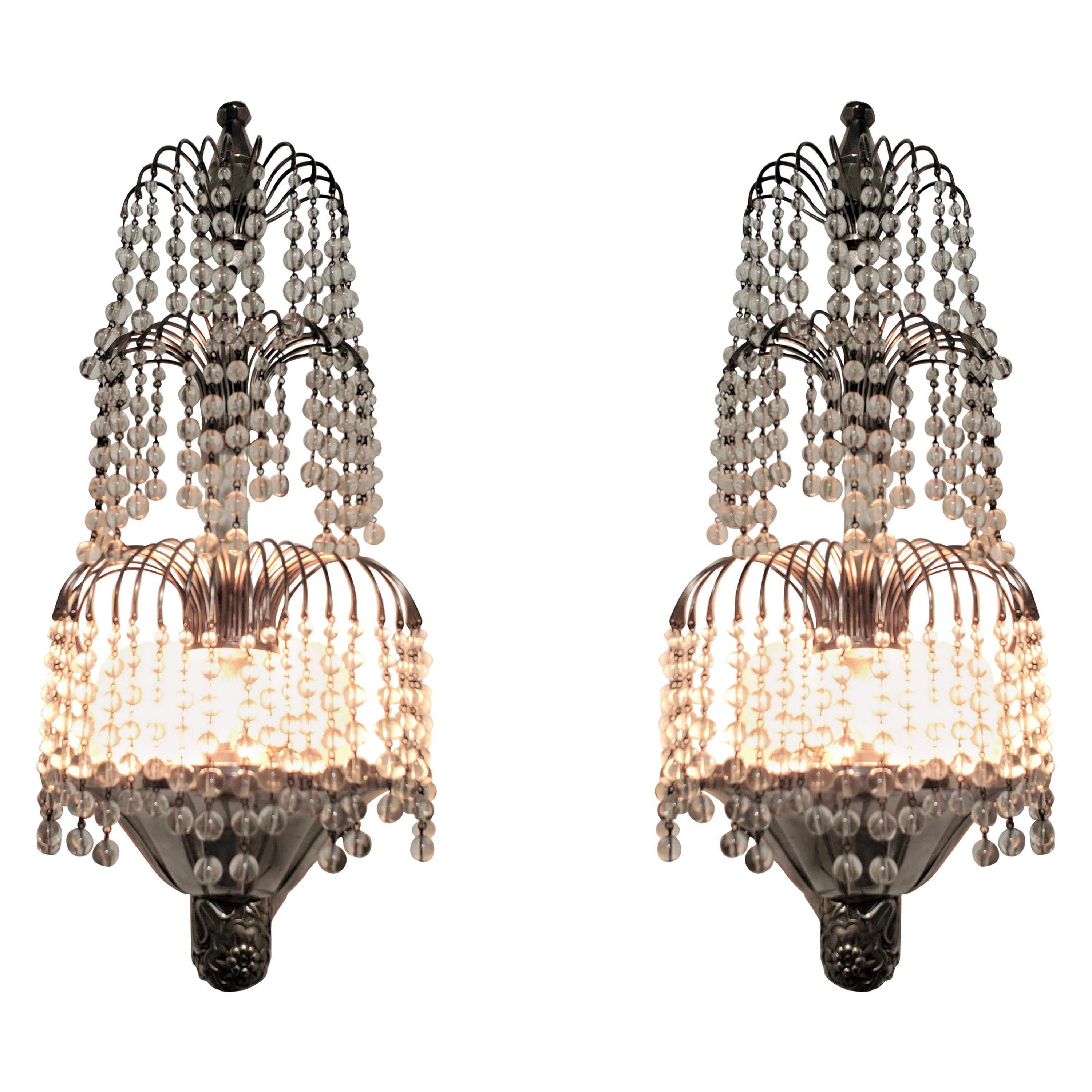 Pair of Tiered Crystal French Art Deco Wall Sconces Attrib to Sue et Mare For Sale