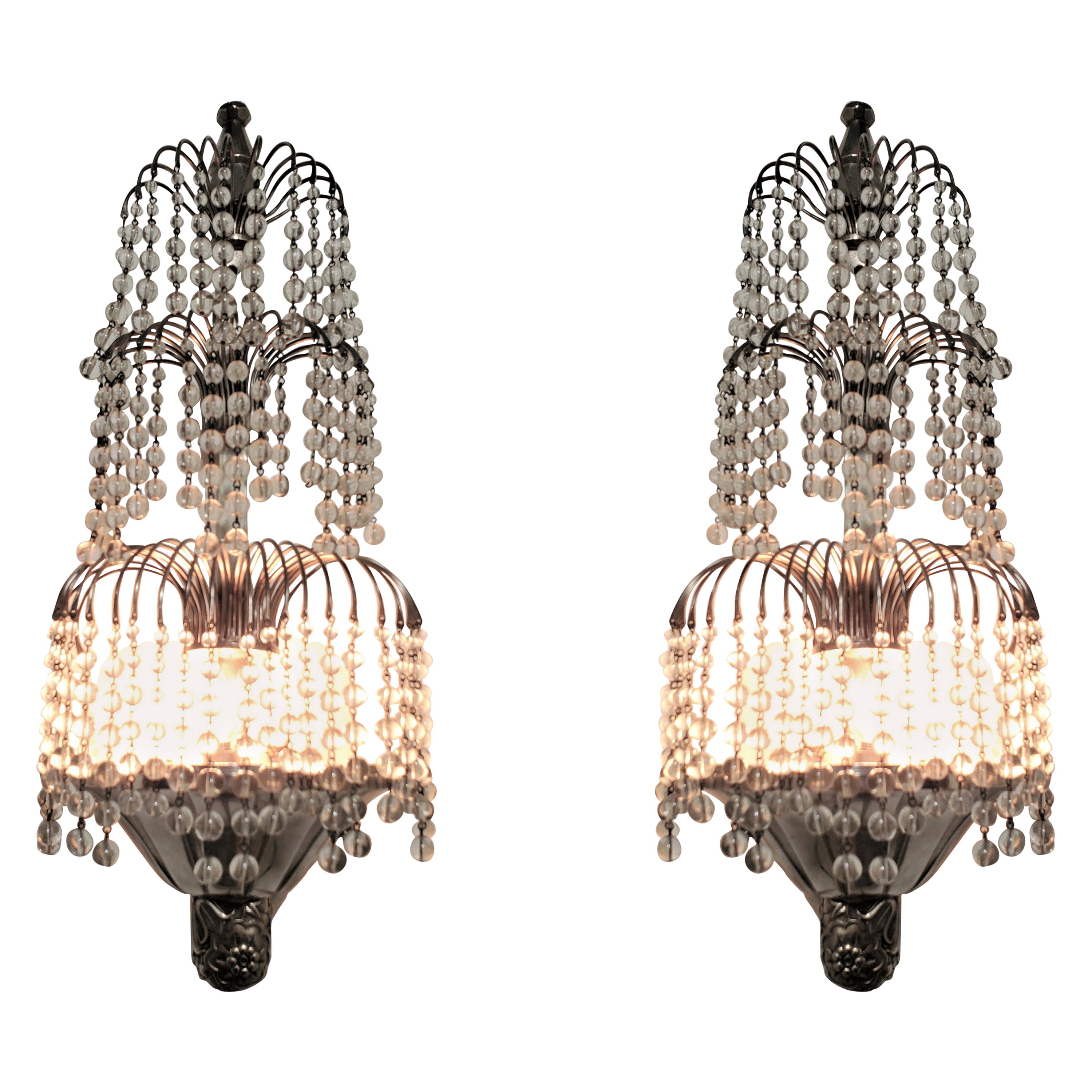 Pair of Tiered Crystal French Art Deco Wall Sconces Attrib to Sue et Mare