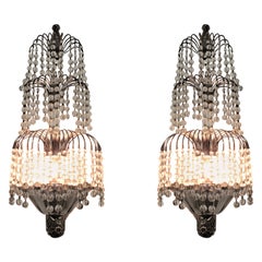 Pair of Tiered Crystal French Art Deco Wall Sconces Attrib to Sue et Mare