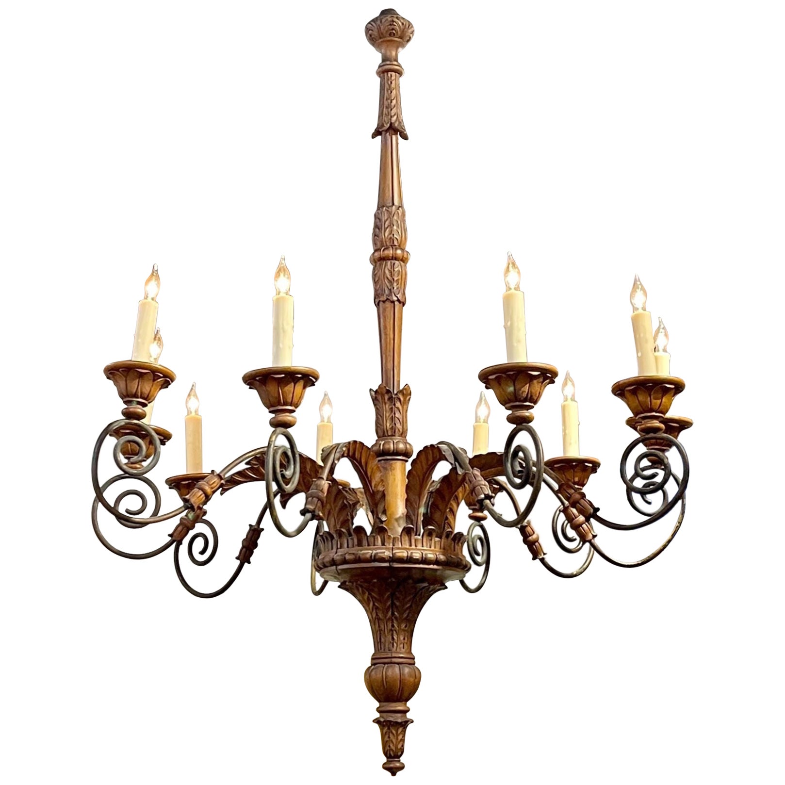 19th Century French Carved Walnut and Iron 10 Light Chandelier For Sale