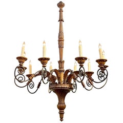 19th Century French Carved Walnut and Iron 10 Light Chandelier