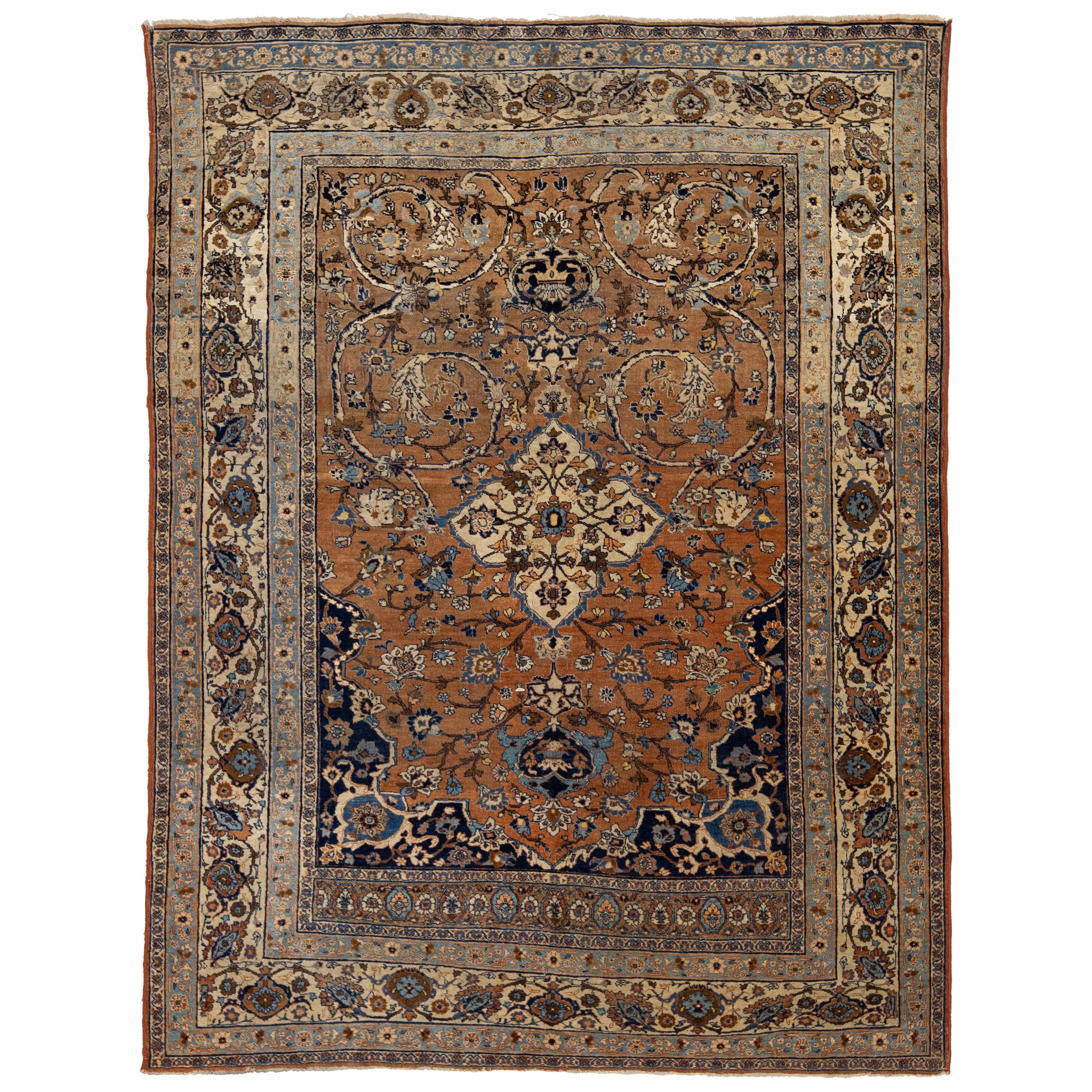 Brown Antique Tabriz Handmade Medallion Designed Persian Wool Rug For Sale