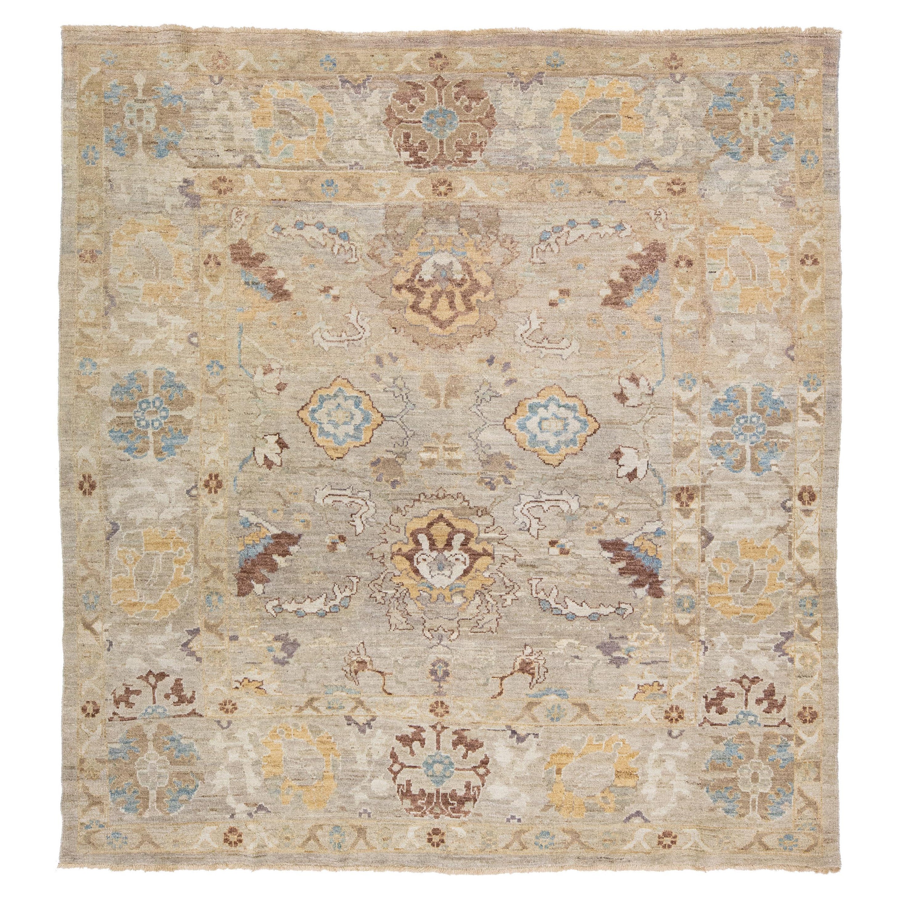 Gray Modern Sultanabad Handmade Square Wool Rug with Floral Motif