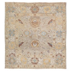 Gray Modern Sultanabad Handmade Square Wool Rug with Floral Motif