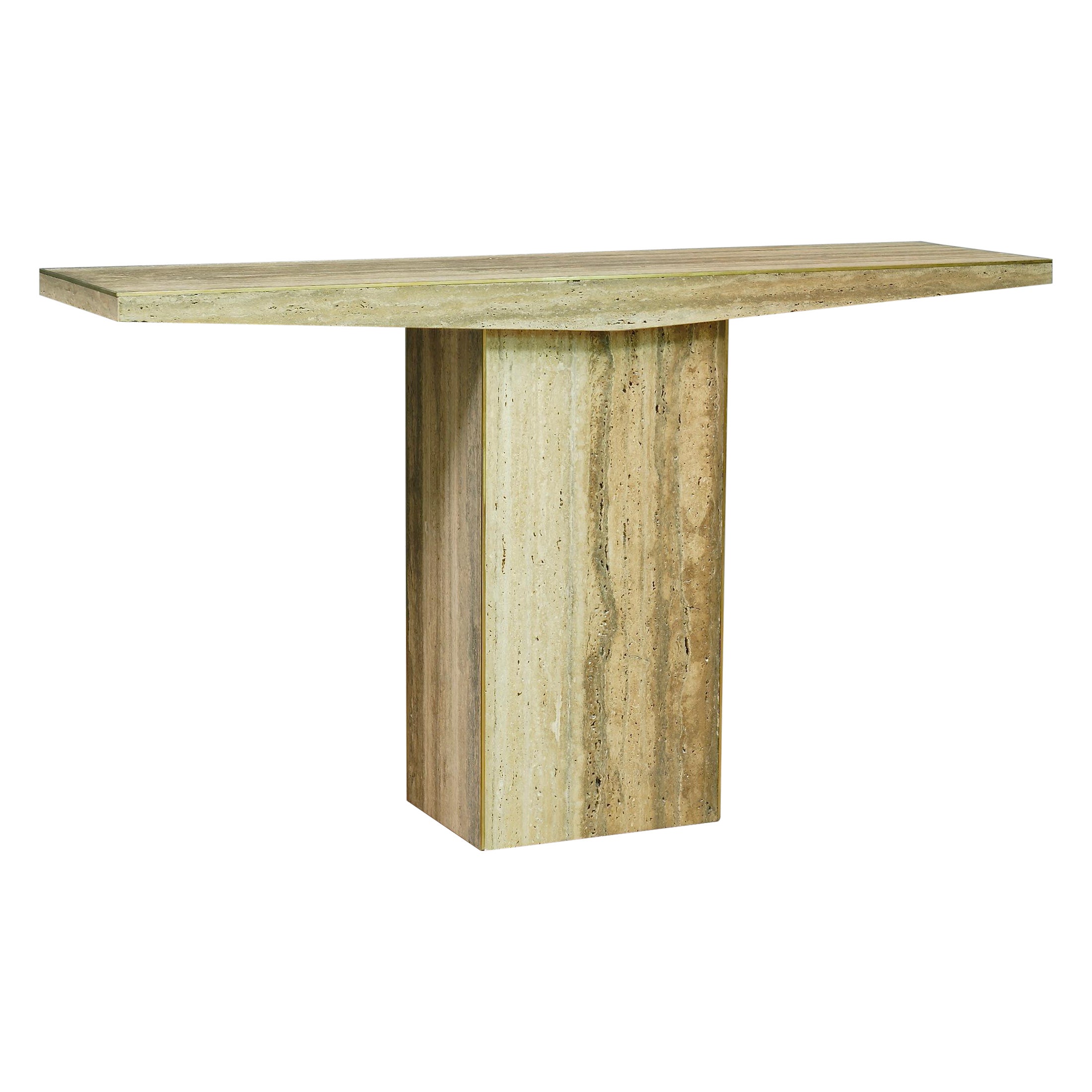 MidCentury Squared Travertine and Brass Console Table, 2020 For Sale