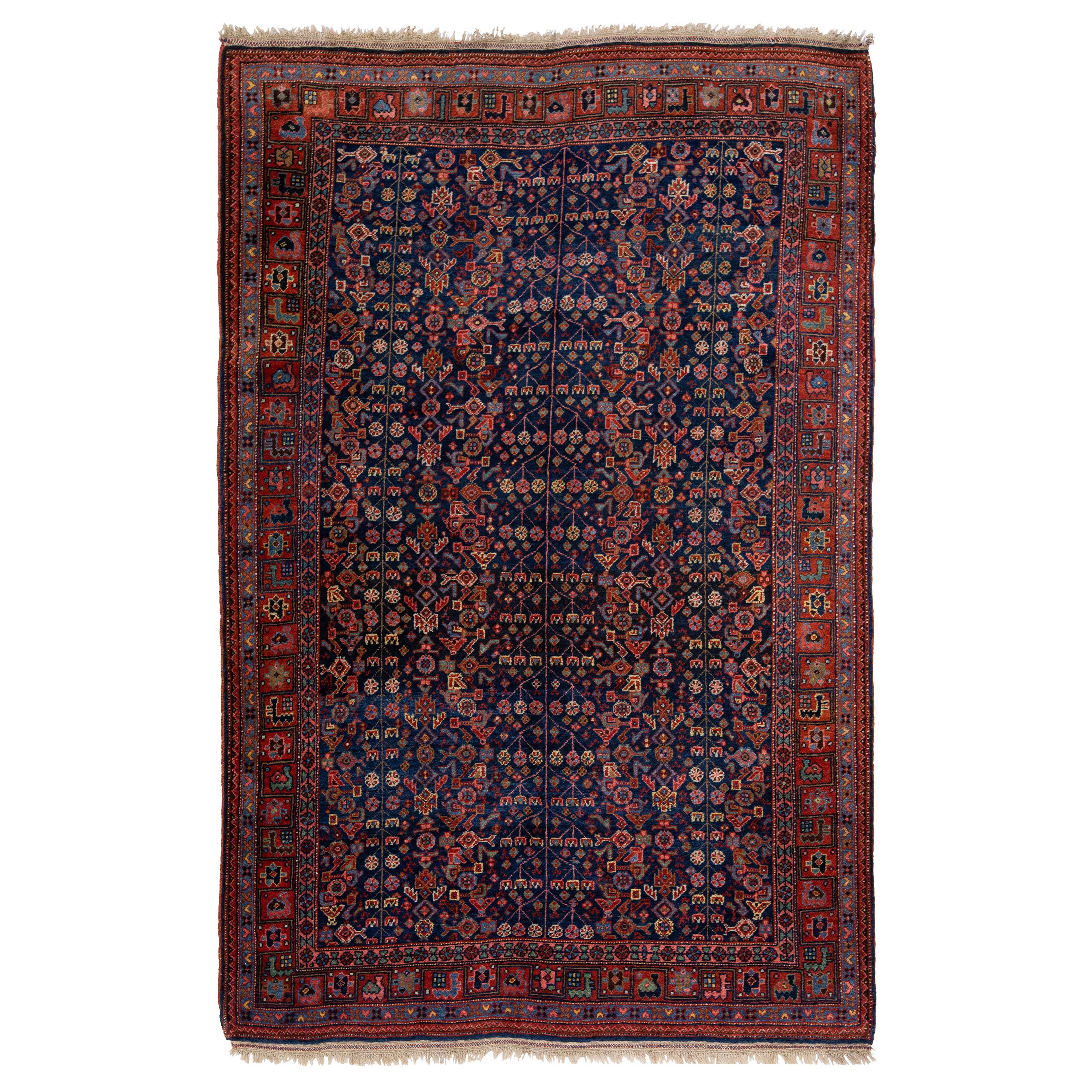 Ancien tapis persan Bidjar en laine bleue à motifs intégraux fait à la main en vente