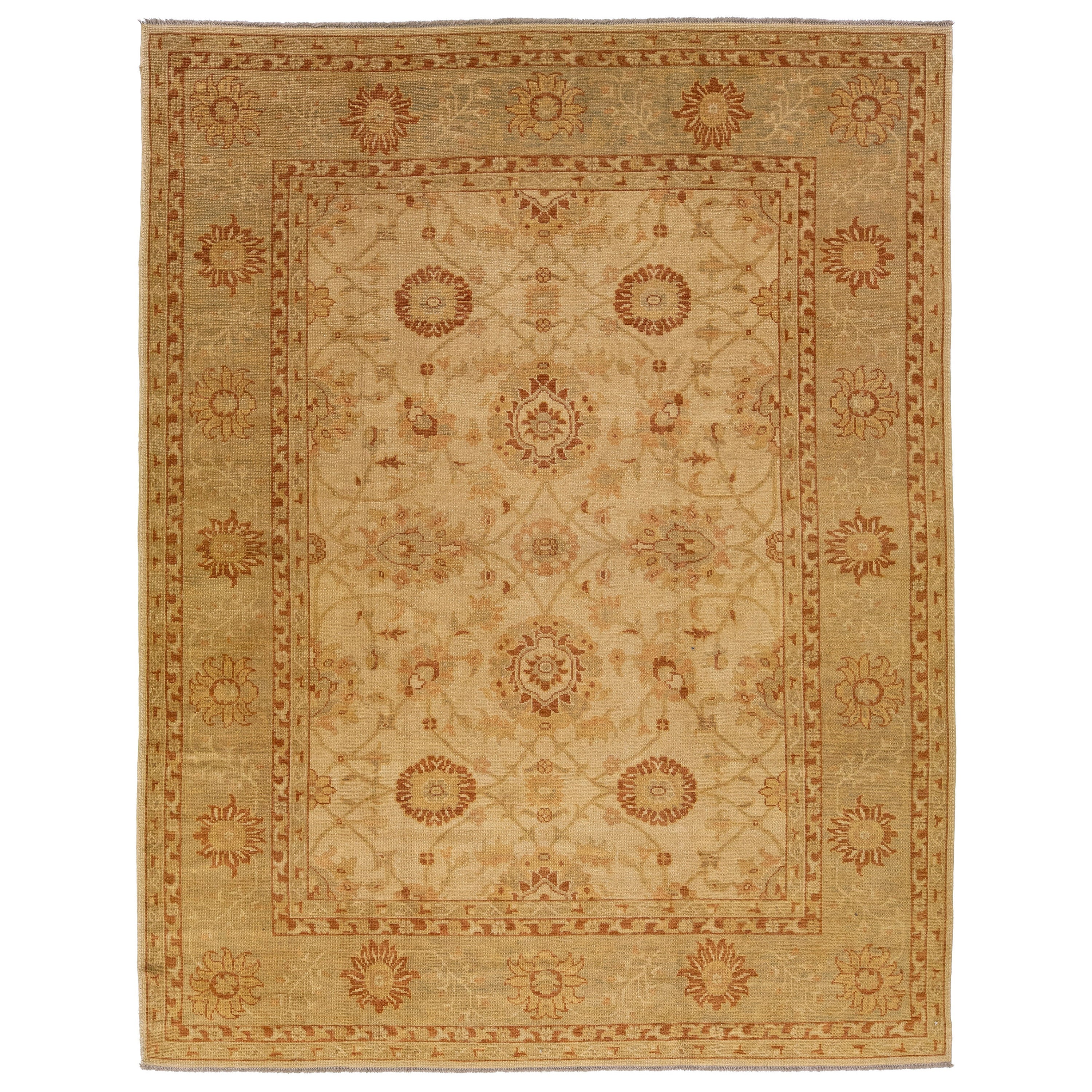 Modern Turkish Oushak Handmade Tan Floral Wool Rug For Sale