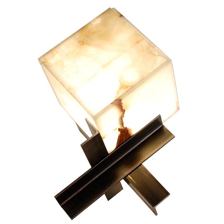 'Cubyx' Sculptural Onyx and Blackened Steel Lamp by Design Frères For Sale