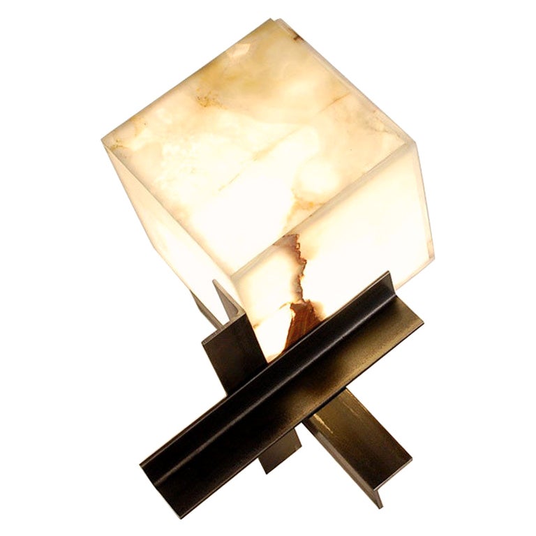 'Cubyx' Sculptural Onyx and Blackened Steel Lamp For Sale