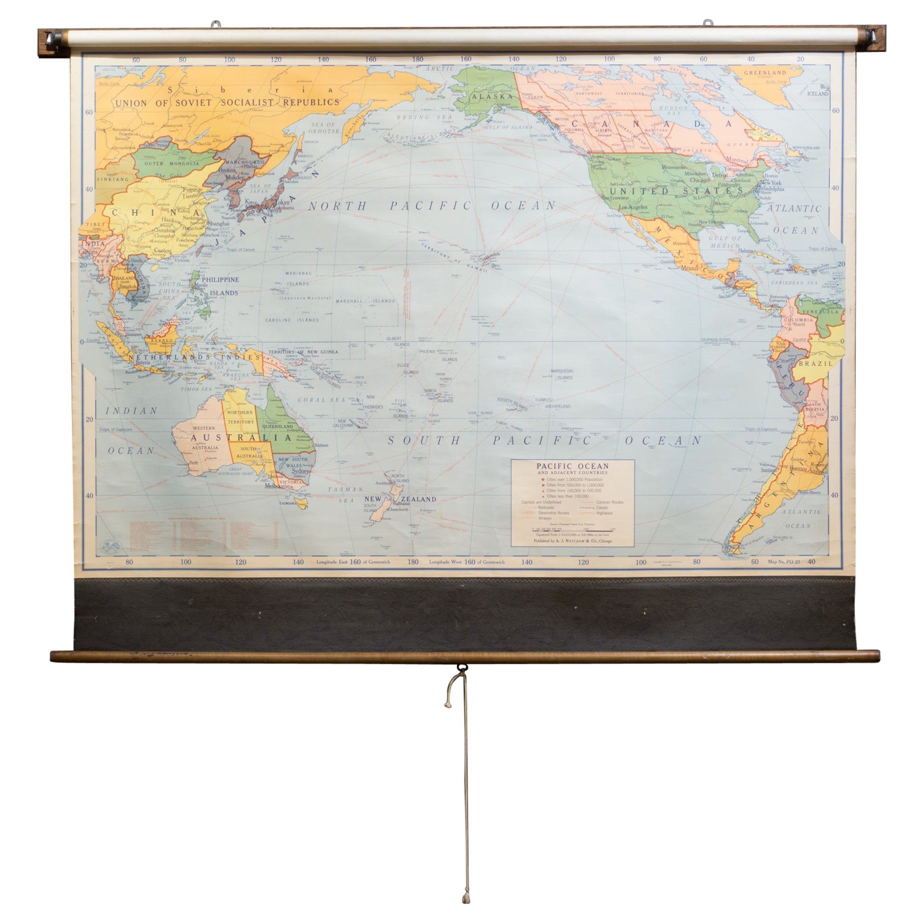 Large Pacific Ocean Pull Down Classroom Map c.1943