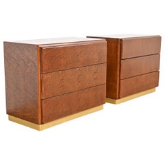 Milo Baughman for Thayer Coggin Birdseye Maple and Brass Bedside Chests, Pair