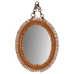 Vintage Italian Designer, Oval Wall Mirror, Rattan, Mirror Glass, Italy, C. 1950s