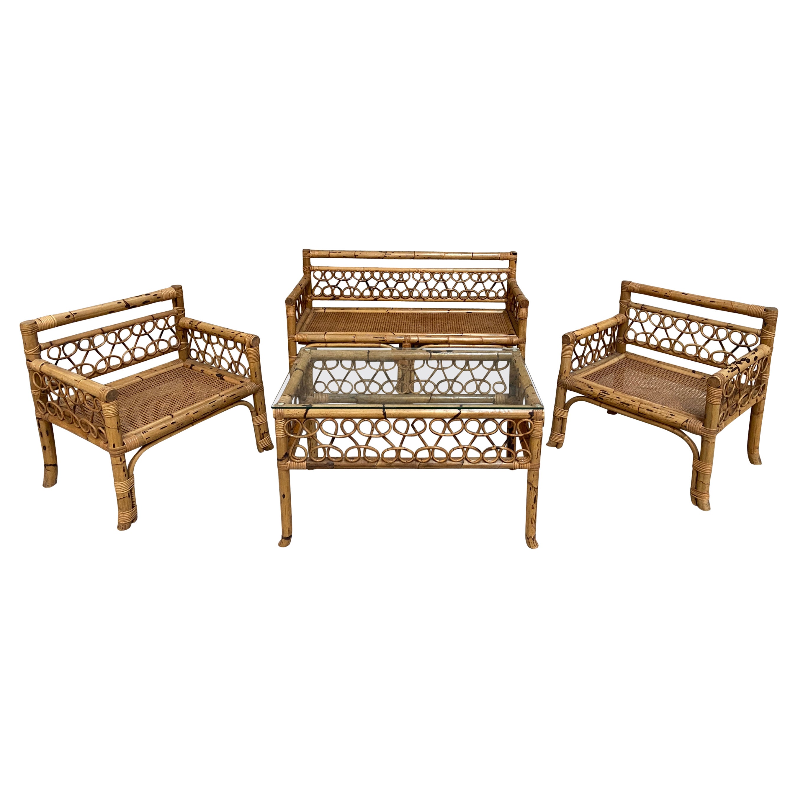 Mid-Century Modern Italienisches Bambus-Wohnzimmer-Set mit "Vienna"" Strohsitz 1970er Jahre