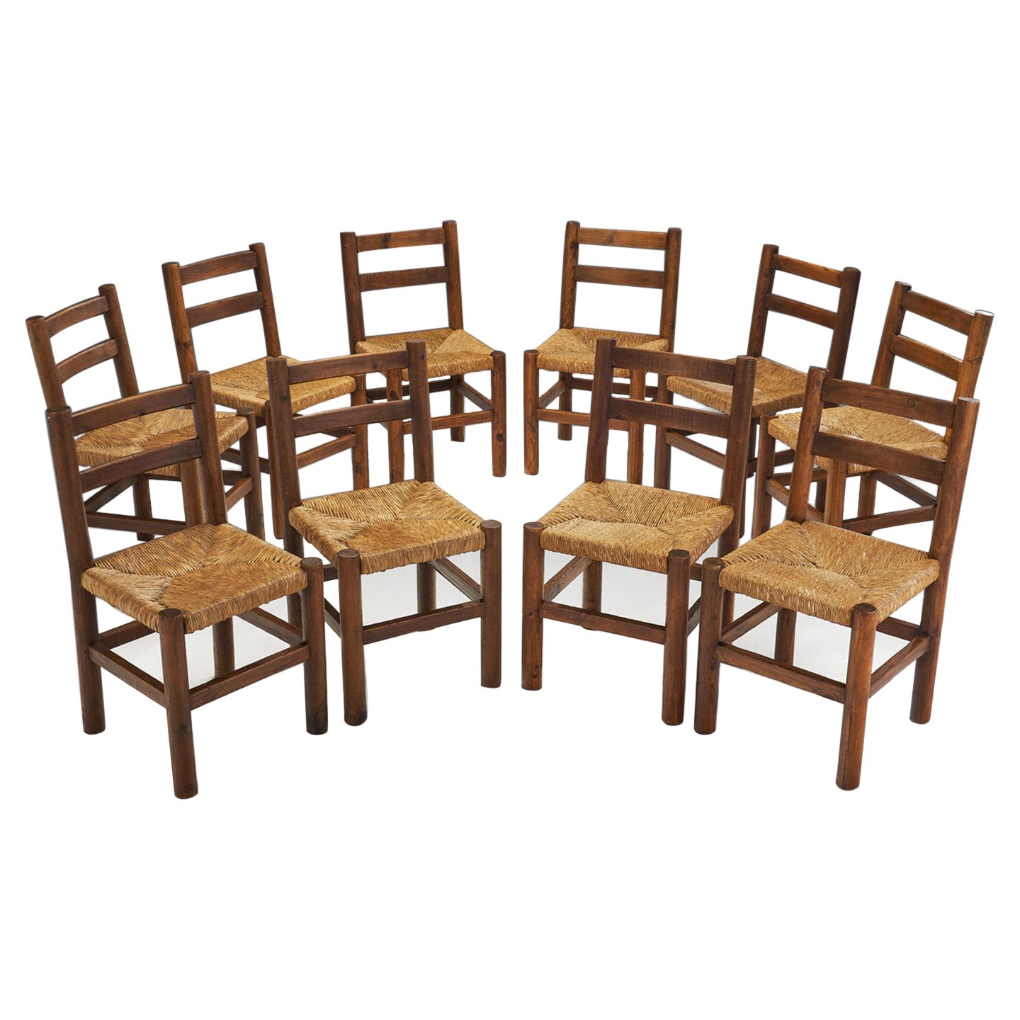 Ten Pine and Rush Dining Chairs, France ca 1950s