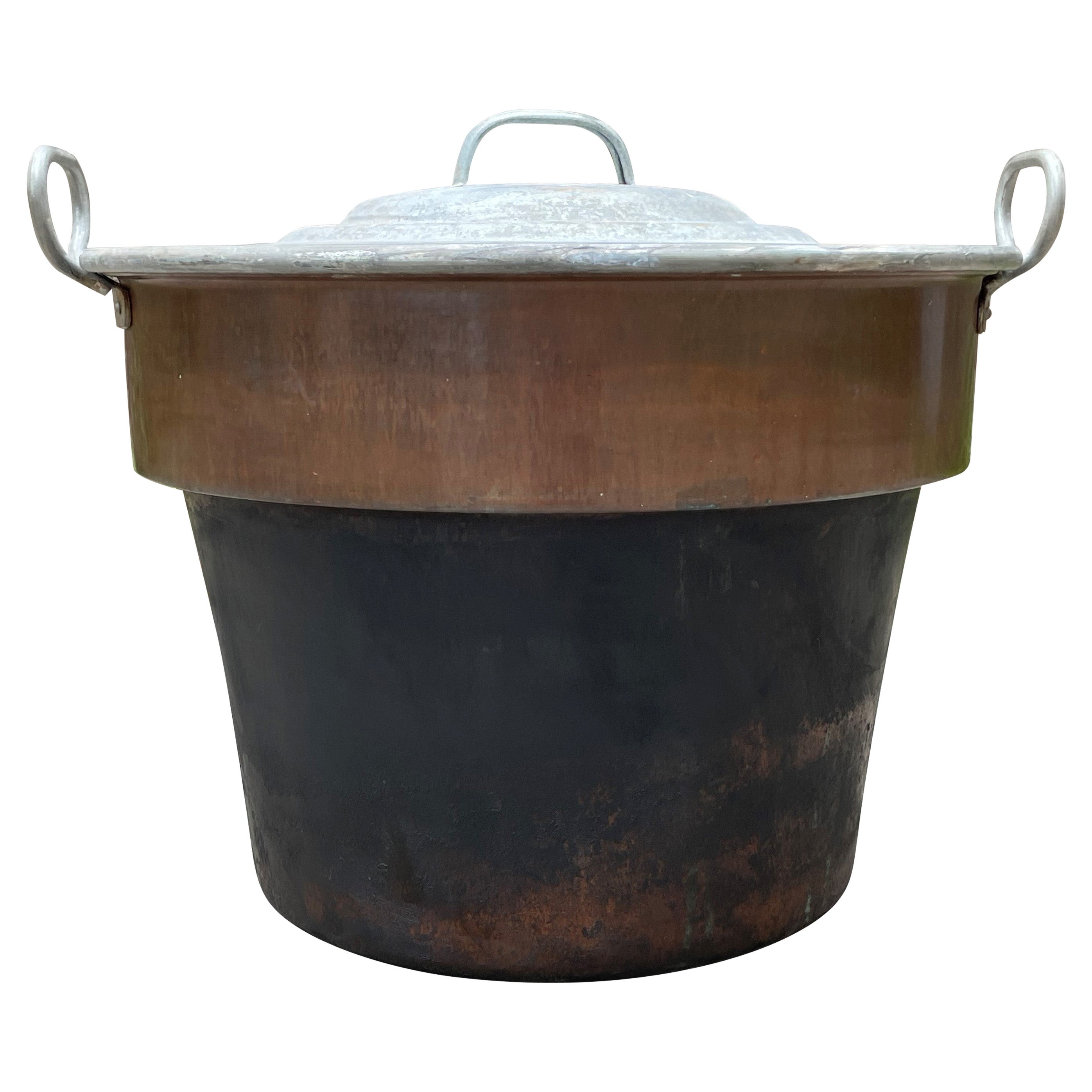Largest Antique Galvanized Copper & Forged Iron Firewood Bucket / Planter w. Lid