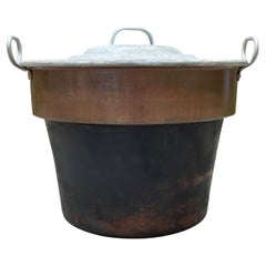 Largest Antique Galvanized Copper & Forged Iron Firewood Bucket / Planter w. Lid