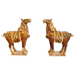Antique Pair of Large Tang Dynasty Style Glazed Horses