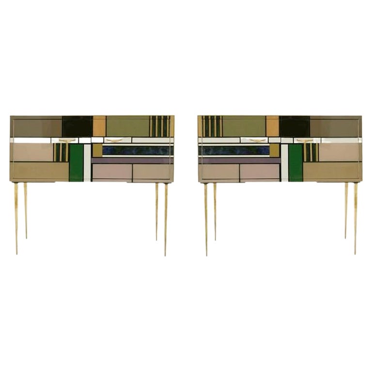 Midcentury Style Wood Colored Glass and Brass Pair of Italian Sideboards