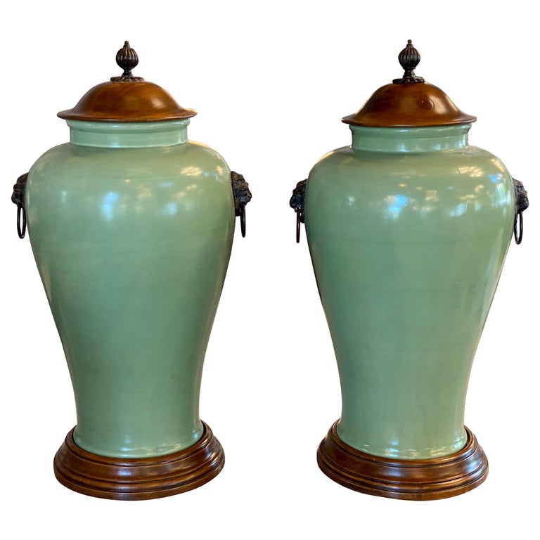 Pair of large Celadon Pottery Urns with Wooden Lids For Sale at 1stDibs
