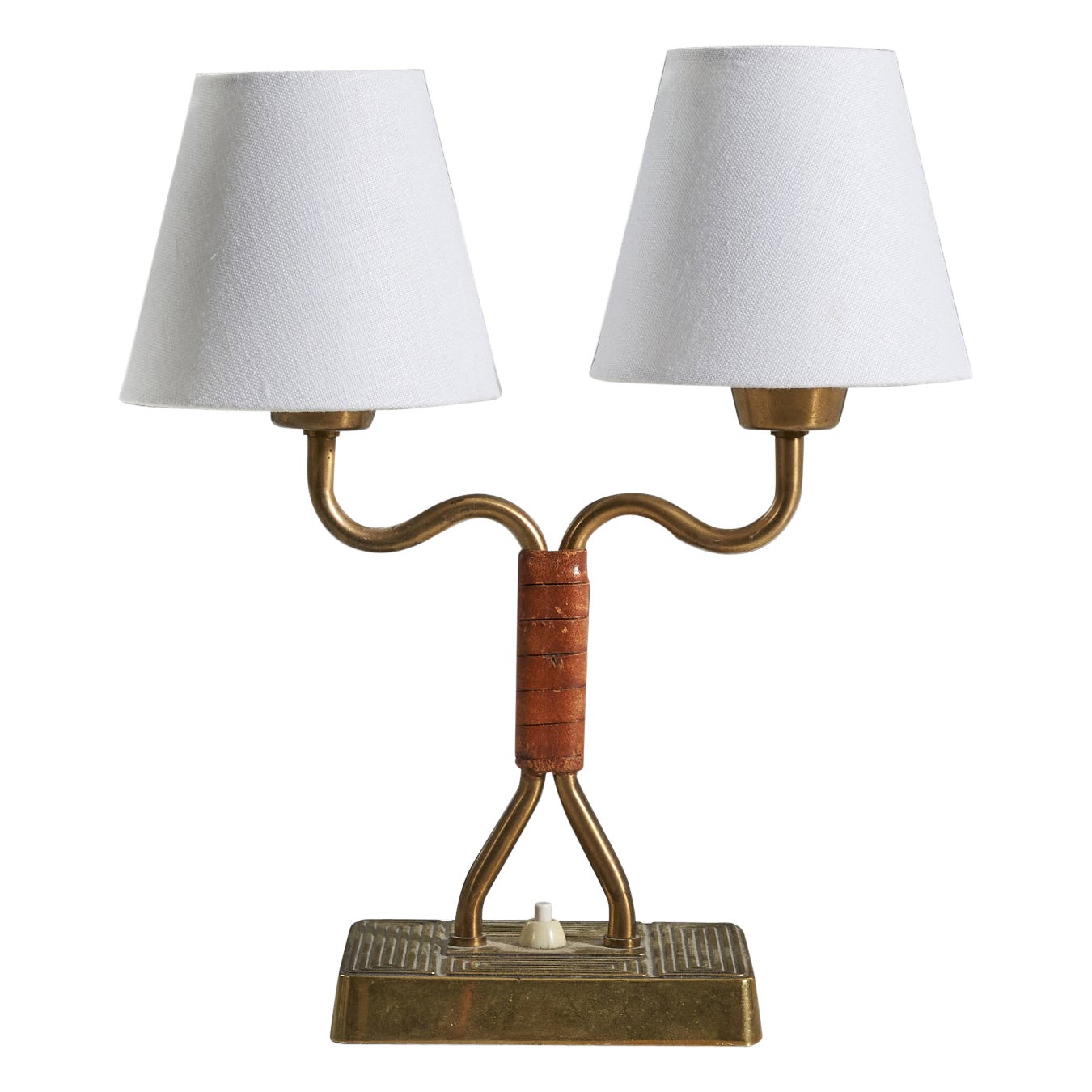 Swedish Designer, Table Lamp, Leather, Brass, Sweden, 1940s