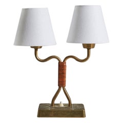 Swedish Designer, Table Lamp, Leather, Brass, Sweden, 1940s