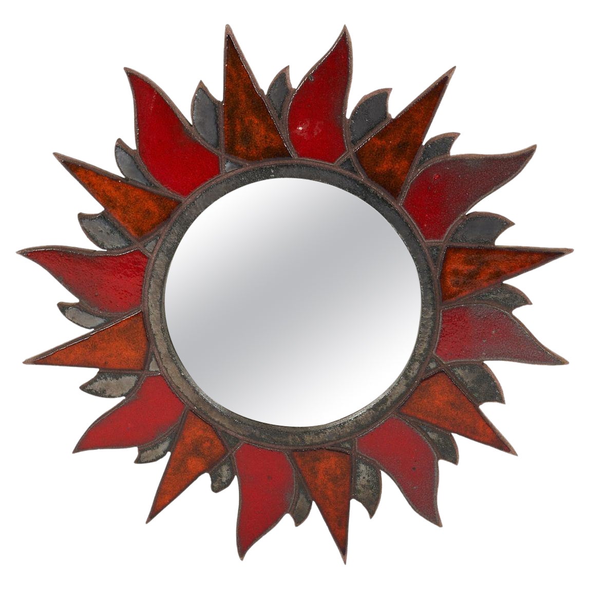 Miroir à soleil rouge en céramique des années 1950, France en vente