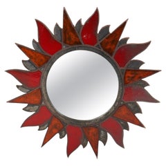 1950s Ceramic Red Sunburst Mirror, France