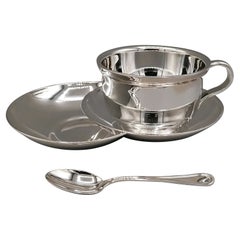 Tasse à déjeuner italienne du 20ème siècle en argent massif avec double soucoupe et cuillère