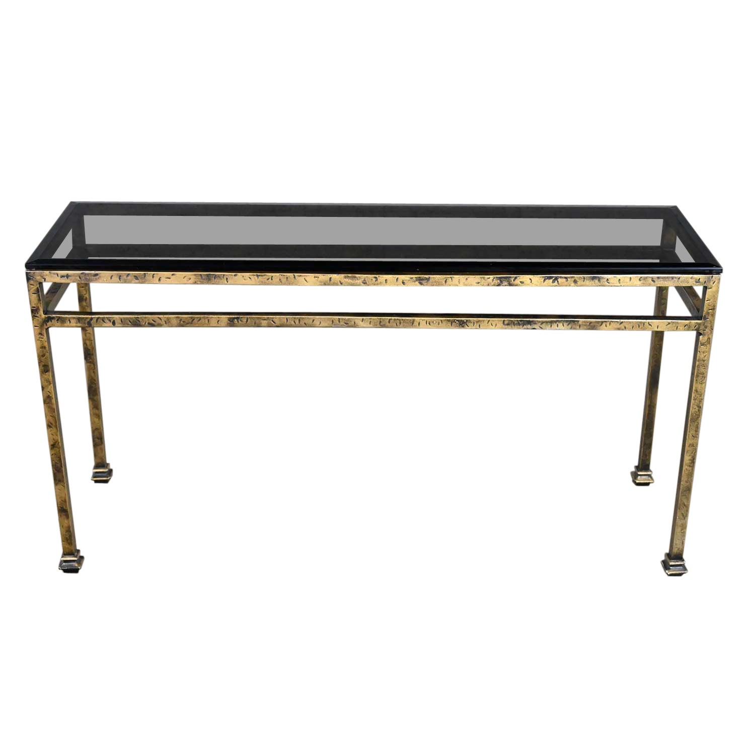 Modern Iron Console Sofa Table Gold Hammered Look & Smoked & Beveled Glass Top For Sale
